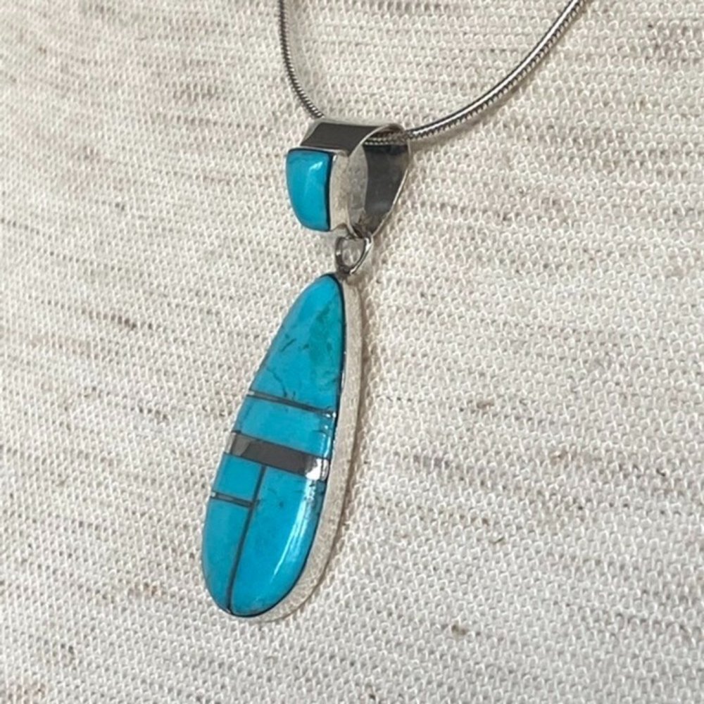 Sterling Silver Inlay Turquoise Teardrop Pendant n - Picture 13 of 14